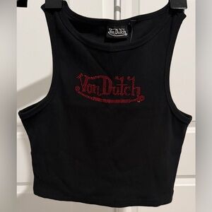 Von Dutch Women's Black Rhinestone Logo Tank Top Y2K